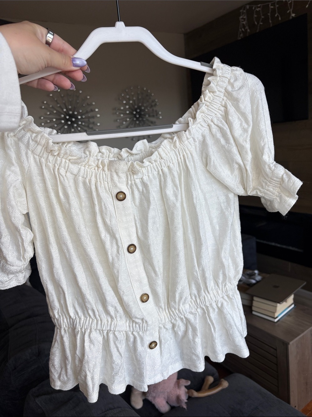 Express White Textured Peplum Off Shoulder Puff Sleeve Top Medium - Picture 2 of 7